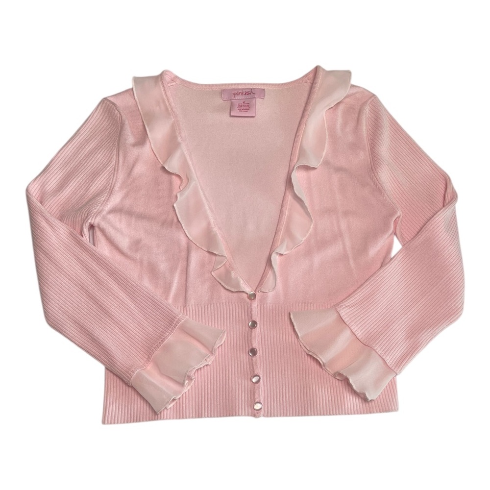 Y2K Pinkish Cardigan Sweater Pink Sheer Ruffle Neckline & Cuffs Coquette Medium